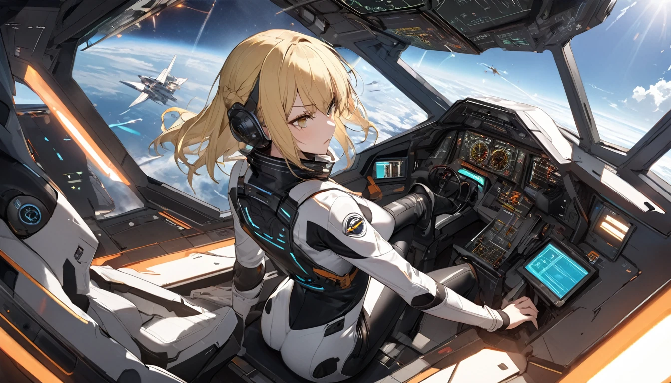 Highest quality,Woman in futuristic pilot suit、Blonde,Mad Cockpit,battle