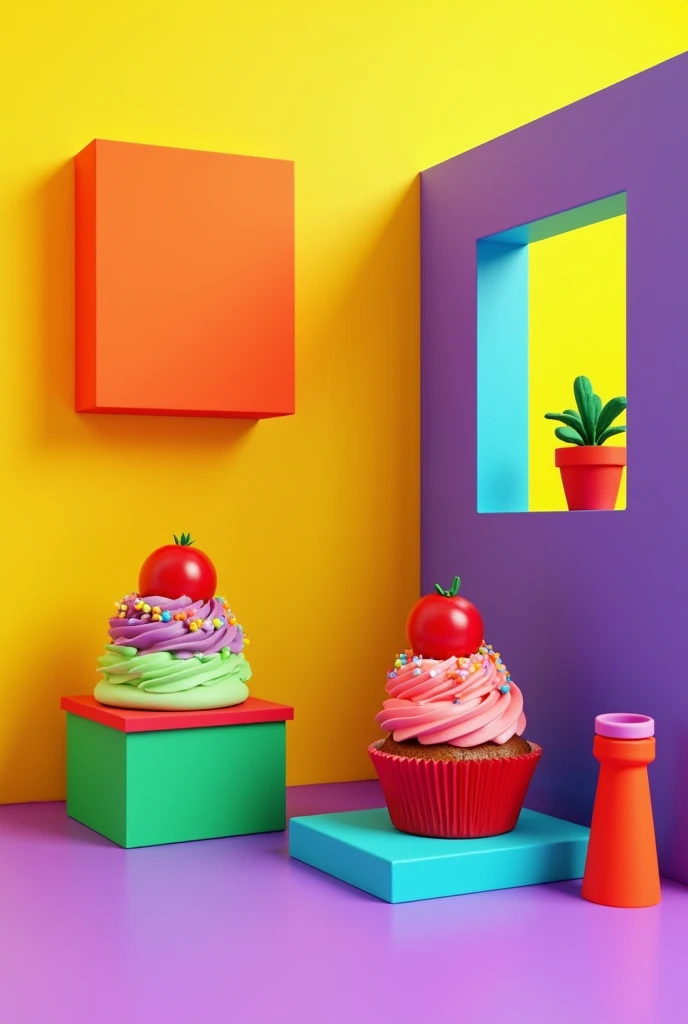 Draw a red and green cupcake on the right side.,a red and green box,an orange and blue rectangle above,Paint the background yellow and the floor purple,On the left side draw a single orange and blue background,At the bottom draw a purple chimney with a yellow background 