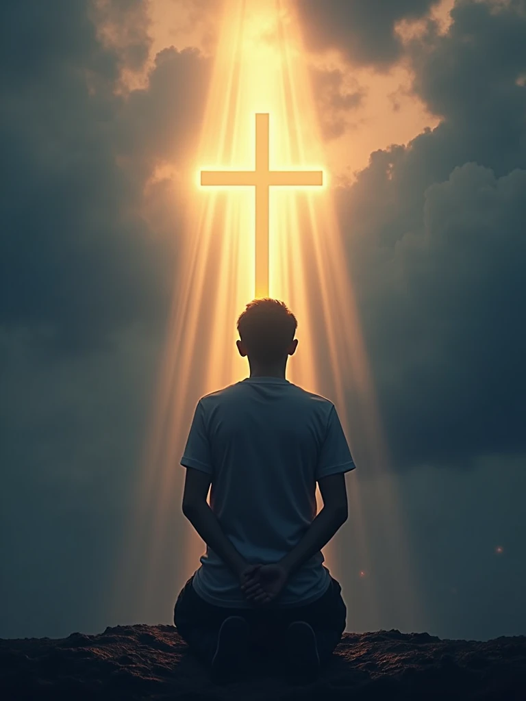 No lower song, a silhouette of a person with hands raised or clasped in prayer, looking at the cross. This adds a human and emotional touch to the image.. rays of light descending from the sky, symbolizing the divine protection that Psalm 91 promises. Soft golden tones, blue and purple, that represent spirituality, tranquility and reverence. The text must have a strong contrast with the background (like white or gold on a dark background), to ensure it is easy to read. The cross and title may have a slight glow or halo effect to attract the eye and convey the idea of holiness.. Channel Logo: Place your channel logo in the bottom right corner, inconspicuous, but visible, to maintain the visual identity. This cover is designed to attract immediate attention and clearly convey the spiritual theme of the video., encouraging clicks and engagement on content,8 k quality,fullHD