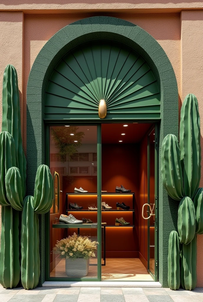 create a facade for an eco-responsible and modern shoe store, with cactus characteristics, and the leaf "elephant ear", the colors should be moss green, maroon, beige or terracotta. This store is luxurious and elegant, located in an upscale neighborhood
