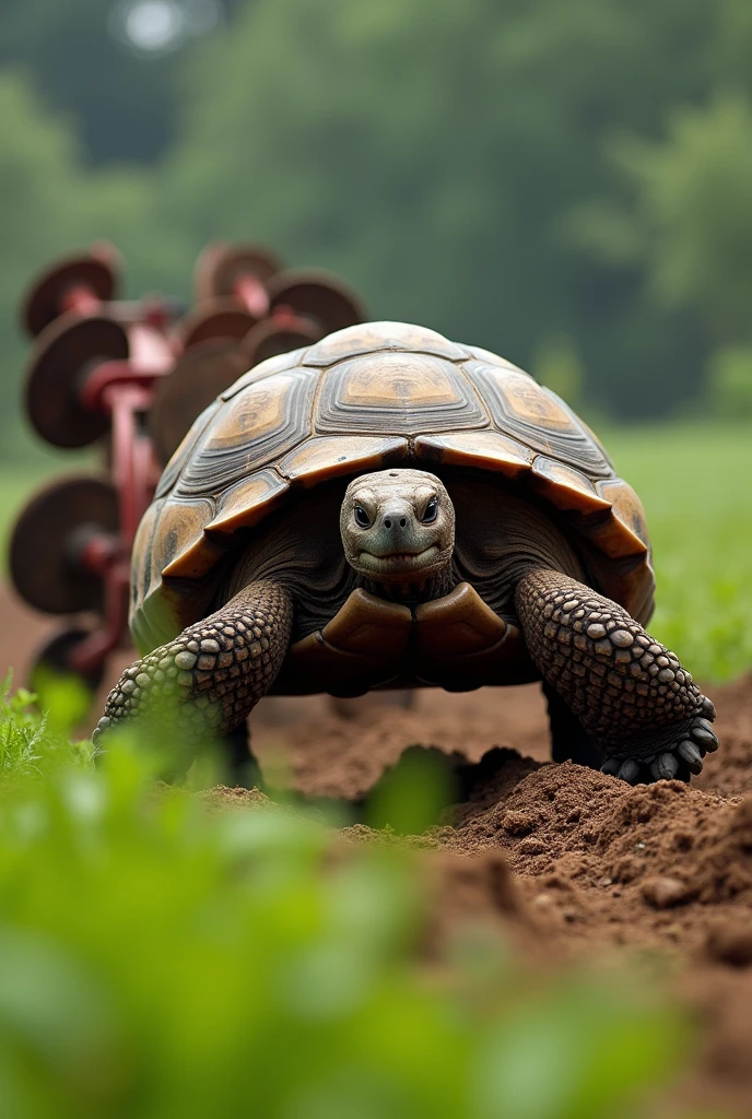 Imagine a robust and determined tortoise, with an expression of effort, dragging a tractor plow harrow. The grid can be the same size with several discs and to look like it is being pulled with difficulty by the tortoise. The setting can be a field or a crop area, highlighting the contradiction between the size of the tortoise and the equipment. It can be a side image and the big one has to be of the tractor 