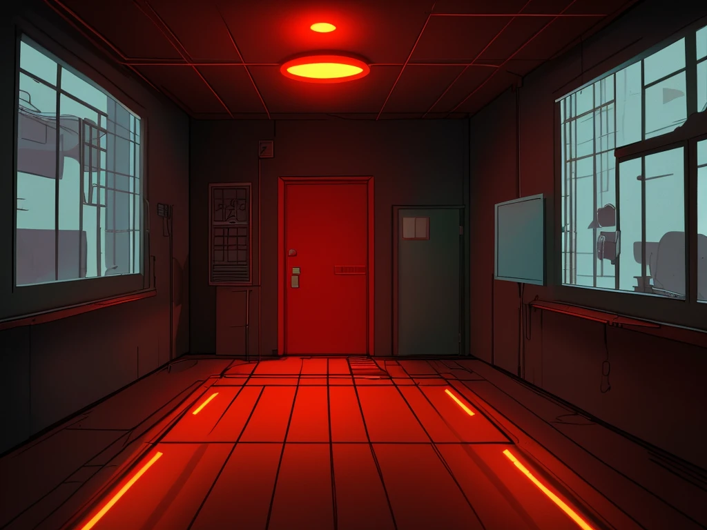 , flat coloring, very detailed illustration of inside a prison room, middle point of view, cartoony and sexy vibes, red sexy lights (very radiant), day,
