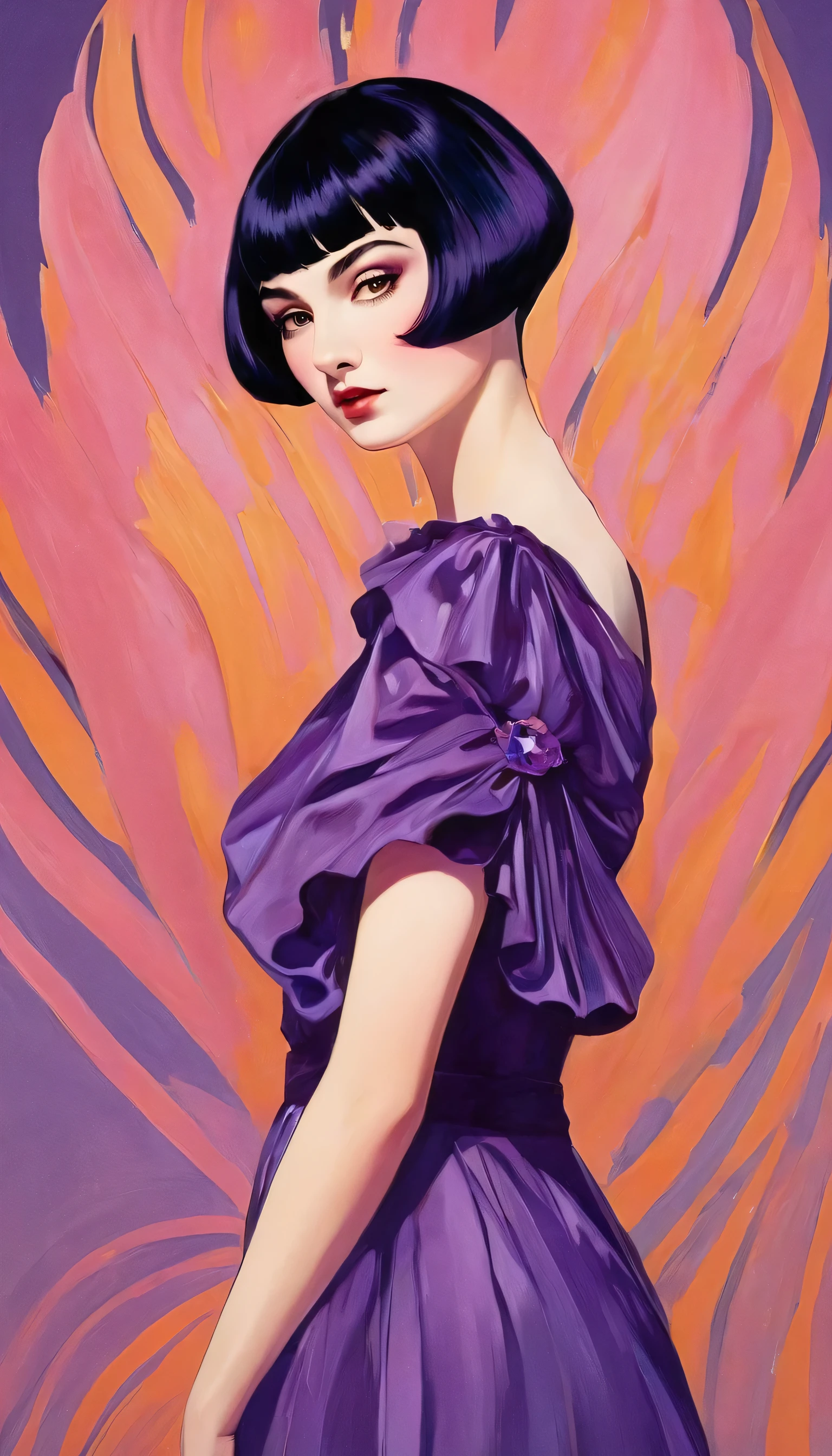 chiaroscuro technique on sensual illustration of an elegant queen (((short hair with bangs:1.4、Beautiful bangs) , vintage ,silky dress, matte painting, by John Singer Sargent, by Harumi Hironaka, extremely soft colors, dark vibrant, purple pastel, highly detailed, digital artwork, high contrast, dramatic, refined, tonal, an intimate, seductive studio setting with a focus on sensuality and romance. Utilize soft, warm lighting that bathes the space in a gentle, inviting glow. Incorporate luxurious fabrics, plush furnishings, and a touch of decadence to evoke an opulent ambiance. The scene should exude an air of serenity and anticipation, inviting the viewer into a sensual and romantic space