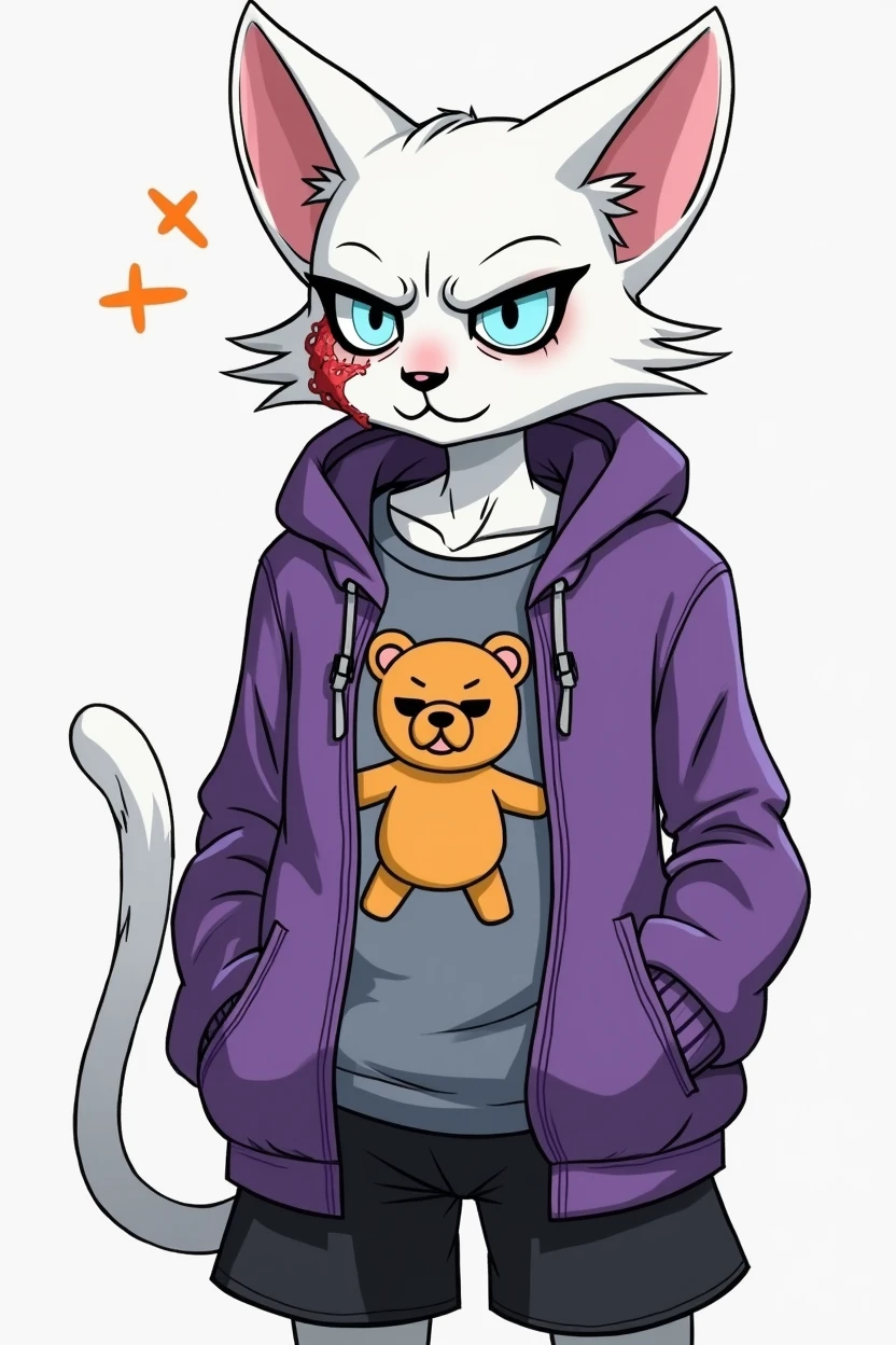 create a skinny male white humanoid cat, with a scar on her face, wearing an open purple sweatshirt and a gray t-shirt, with teddy bear print, black gloves, A pair of black shorts, light blue eyes with an angry expression, crazy face, he has some tattoos on his body, O estilo de arte deve ser o estilo Cartoon Adventure Time