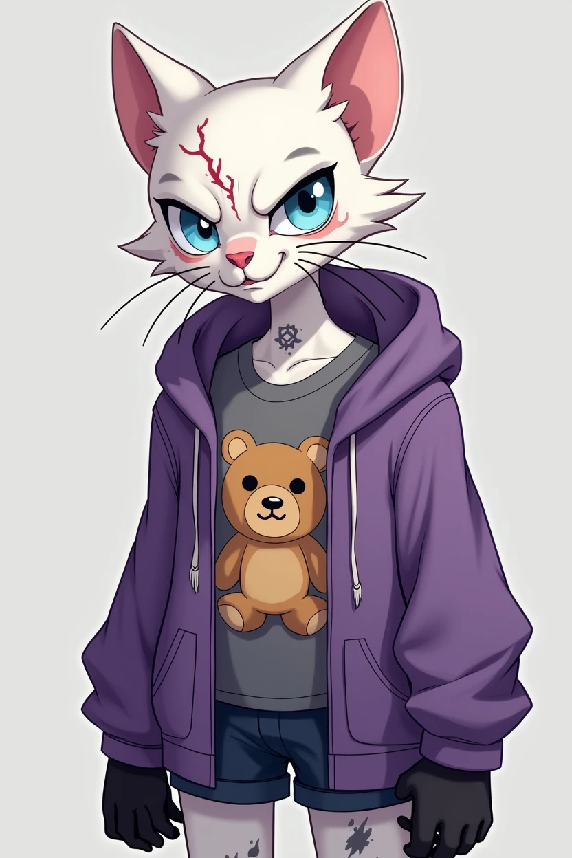create a skinny male white humanoid cat, with a scar on her face, wearing an open purple sweatshirt and a gray t-shirt, with teddy bear print, black gloves, A pair of black shorts, light blue eyes with an angry expression, crazy face, he has some tattoos on his body, O estilo de arte deve ser o estilo Cartoon Adventure Time