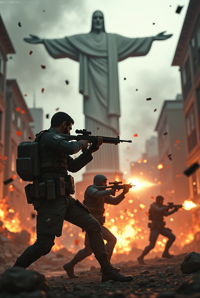 Photo with shots and fire behind with Christ the Redeemer in the background blurred with weapons and free fire characters