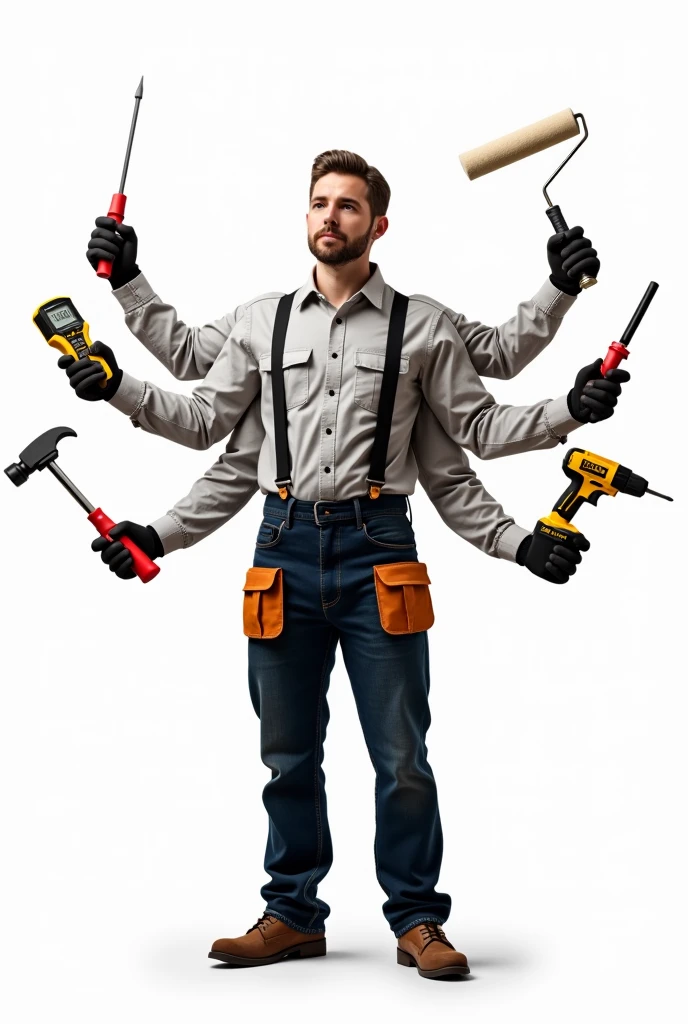 Image of an electrical technician up to the waist, com o fundo branco, six arms coming out from behind and each one with a different small tool, uma chave Philips, a screwdriver, alicate universal, hammer to remove nails, multimeter, Dewalt cordless screwdriver and paint roller, with plenty of white space next to the image, aligned image, uniform written DLM residential maintenance.