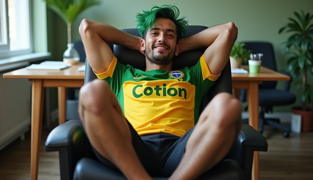 Um homem brasileiro, with green hair, Corinthians shirt, with black shorts and white flip-flops sitting in a front office chair with both hands behind his head in a calm position and smiling