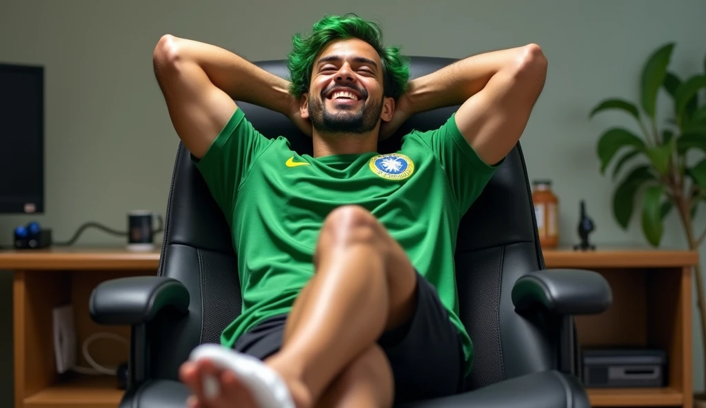 Um homem brasileiro, with green hair, Corinthians shirt, with black shorts and white flip-flops sitting in a front office chair with both hands behind his head in a calm position and smiling