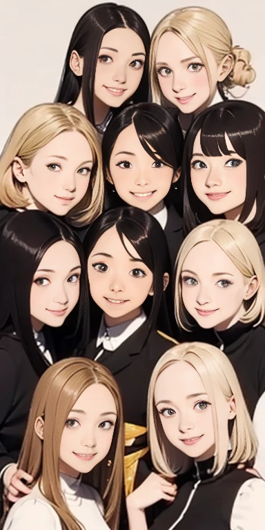 Perfect anime illustration, 100 Girls, all girls are sisters, The sisters are close together, Sisters in the background, Matching hairstyles, Brown Hair, Blonde, Curly Hair, Matching hairstyle, Hazel Eyes, Smiley Nutting Costume), High resolution, whole body