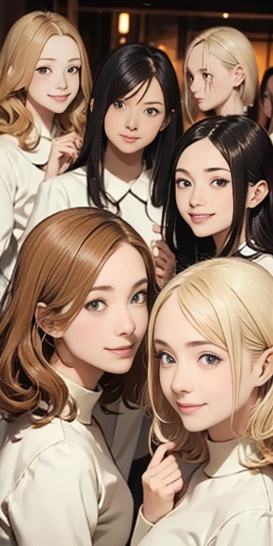 Perfect anime illustration, 100 Girls, all girls are sisters, The sisters are close together, Sisters in the background, Matching hairstyles, Brown Hair, Blonde, Curly Hair, Matching hairstyle, Hazel Eyes, Smiley Nutting Costume), High resolution, whole body
