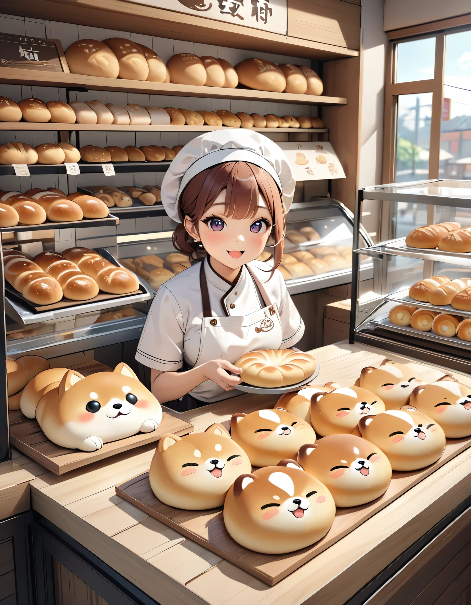 (masterpiece:1.2, Highest quality,Highest quality,Very detailedな:1.2),(Very detailed),(Best illustrations),8k,(Woman working in bakery),(Mr.々Small Shiba Inu character breads with cute expressions are arranged in a square.,Bakery Shop,Deformation,Very simple design),3D drawing