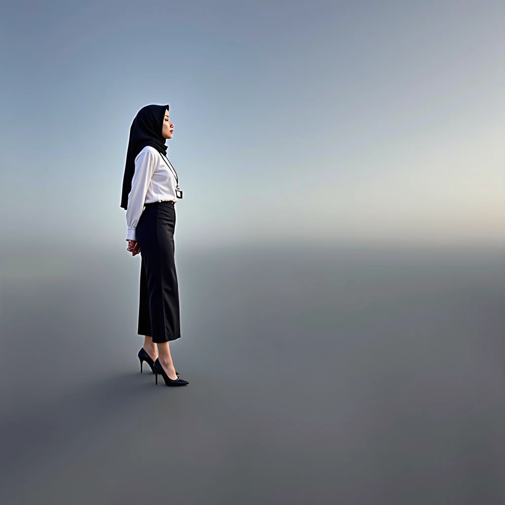 21 year old Indonesian woman in formal office wear, white button-up shirt, long black skirt, black high heels, ID badge, black hijab, upright posture, hands behind back