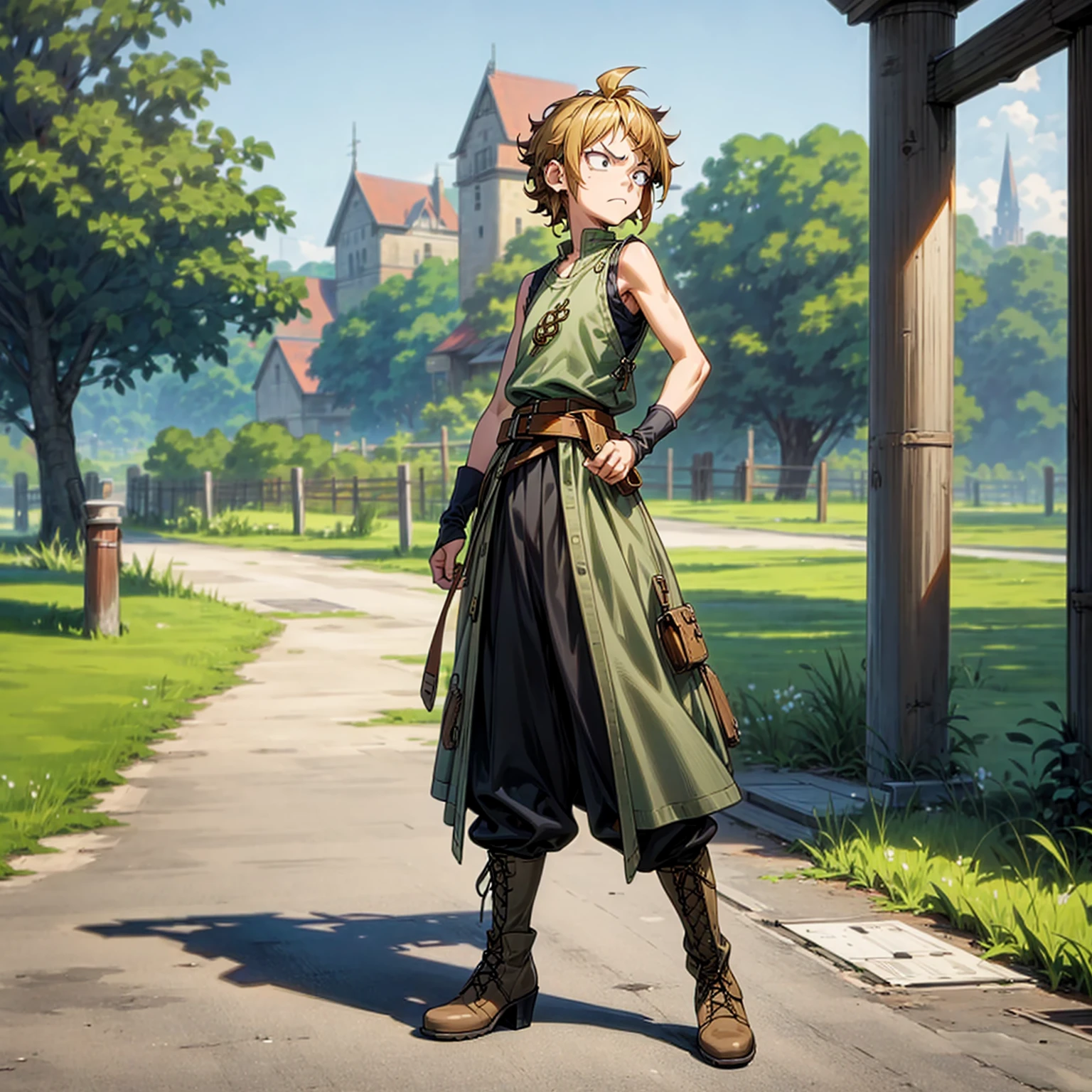 Solo character, full body version, , black eyes, blonde half black hair, short curly mohawk, casual clothing, Sleeveless, belt, boots, outdoor, park, town, medieval, morning, standing gesture, detailed background, detailed clothing, detailed hair, angry eyes