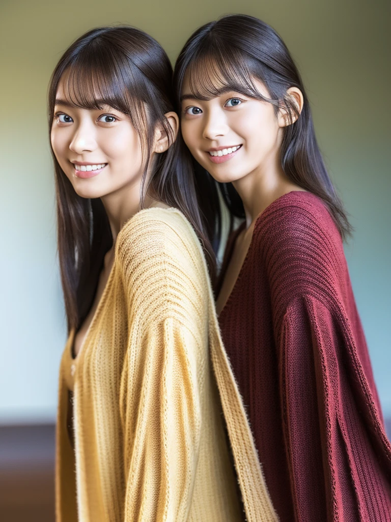 (masterpiece:1.3), (8K, Photoreal, Raw photo, best image quality: 1.4), Japanese high school girl、Similar identical twins、2 girls、(random hairstyle:1.2)、cleavage:1.2、super detail face、eye for details、double eyelid、chest to chest、sharp focus:1.2、Beautiful woman:1.4、light brown hair、highest quality、masterpiece、Super high resolution、(Photoreal:1.4)、Highly detailed and professionally lit smiles、loose and light knitwear, Two girls whose faces, figures, and standing positions are perfectly copied like the virtual image reflected in the mirror and the real image.,To her rightside there is a mirror in which she sees herself., all girls are exactly the same face