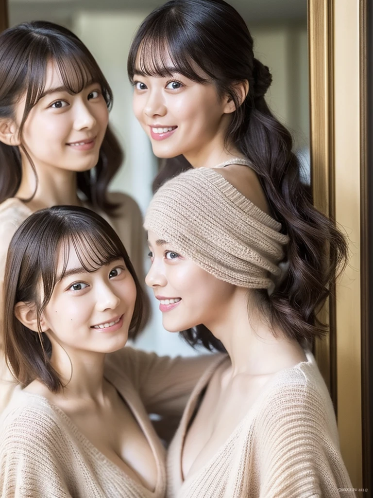 (masterpiece:1.3), (8K, Photoreal, Raw photo, best image quality: 1.4), Japanese high school girl、Similar identical twins、2 girls、(random hairstyle:1.2)、cleavage:1.2、super detail face、eye for details、double eyelid、chest to chest、sharp focus:1.2、Beautiful woman:1.4、light brown hair、highest quality、masterpiece、Super high resolution、(Photoreal:1.4)、Highly detailed and professionally lit smiles、loose and light knitwear, Two girls whose faces, figures, and standing positions are perfectly copied like the virtual image reflected in the mirror and the real image.,To her rightside there is a mirror in which she sees herself., all girls are exactly the same face