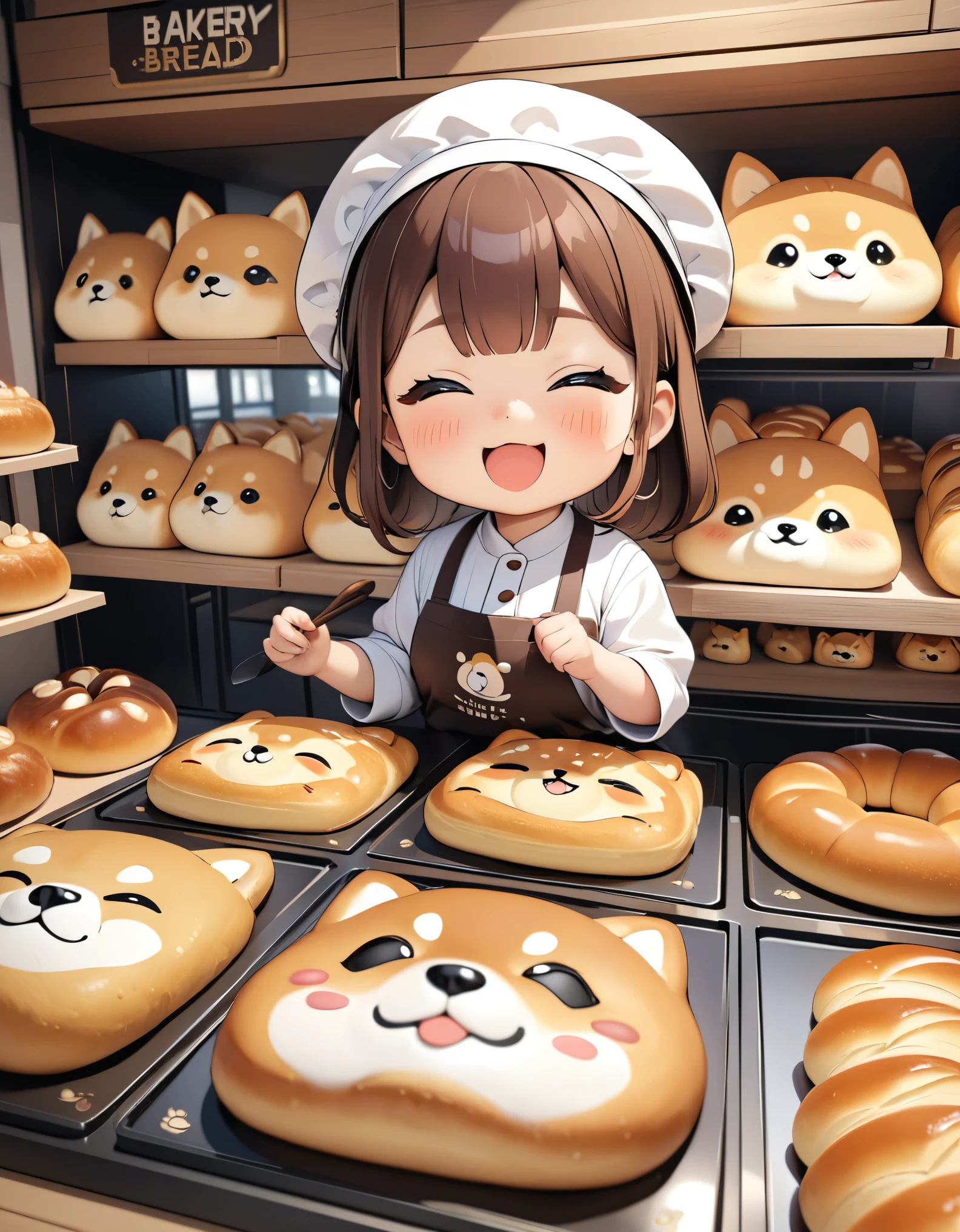 (masterpiece:1.2, Highest quality,Highest quality,Very detailedな:1.2),(Very detailed),(Best illustrations),8k,(Woman working in bakery),(Mr.々Small Shiba Inu character breads with cute expressions are arranged in a square.,Bakery Shop,Deformation,Very simple design),3D drawing