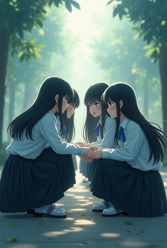 Group of school girls with long hair and long black skirts crouching in anime