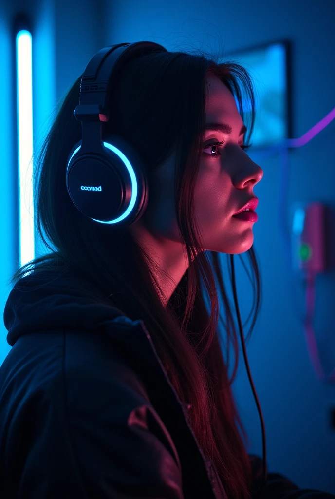 ((Highest quality)), ((masterpiece)), (Very detailed: 1.3), Dark Room, Beautiful Cyberpunk Woman, Wear headphones, Dynamic configuration, Blue neon lights from the ceiling, Purple neon cord on the wall,