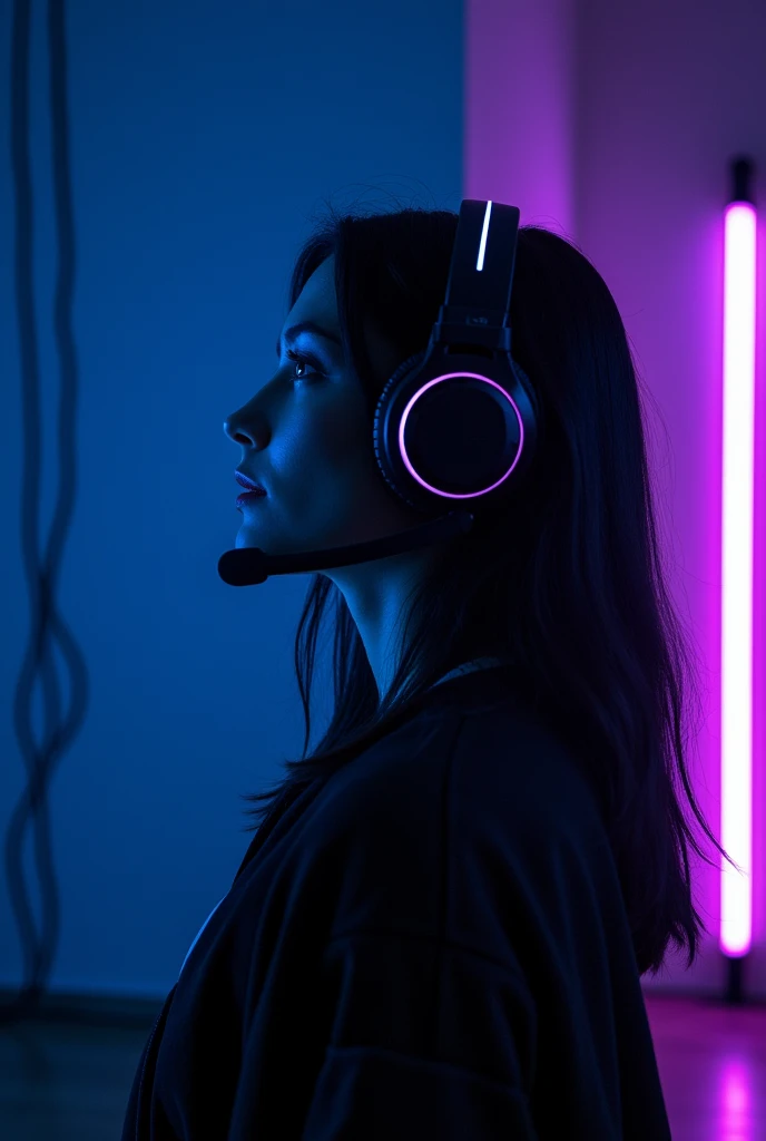 ((Highest quality)), ((masterpiece)), (Very detailed: 1.3), Dark Room, Beautiful Cyberpunk Woman, Wear headphones, Dynamic configuration, Blue neon lights from the ceiling, Purple neon cord on the wall,