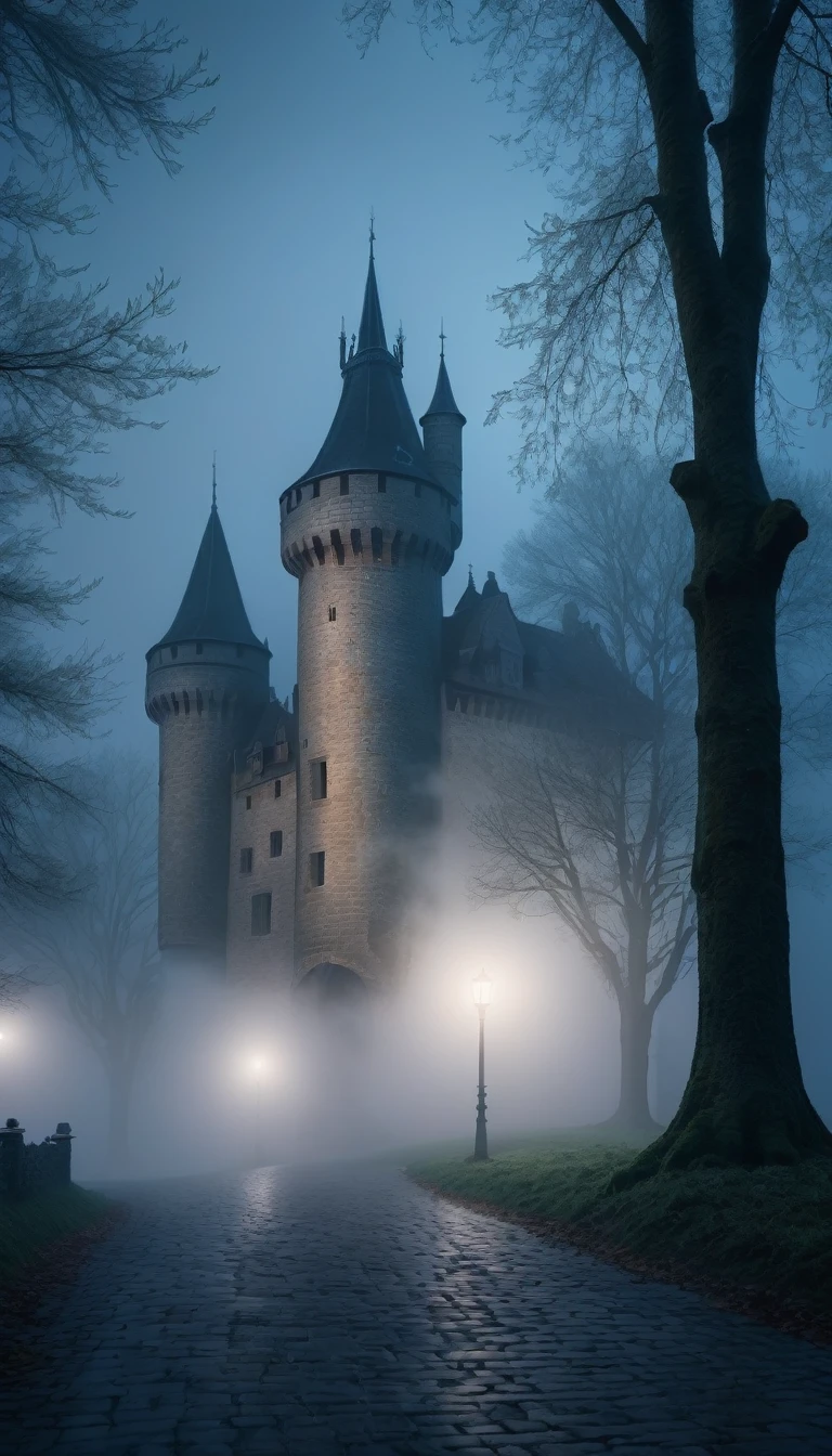 an old castle.It was a cold night, with a thick fog enveloping the trees. PICTURE REALISTIC, high resolution, 8k