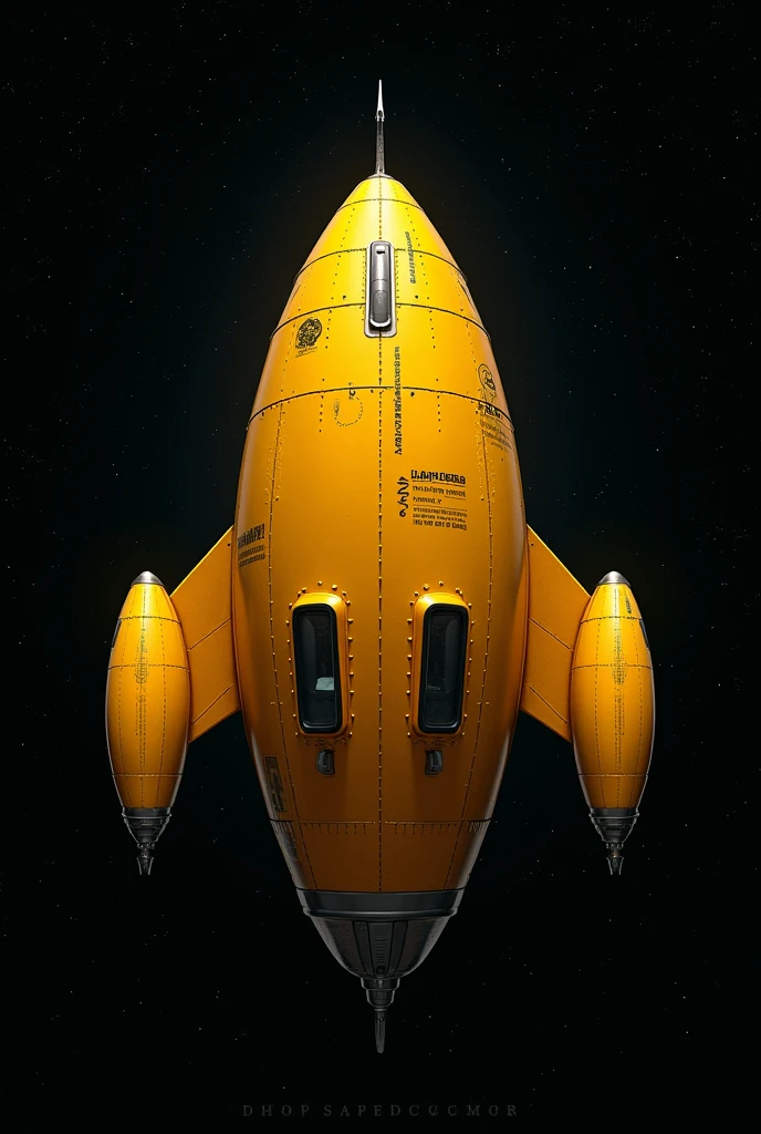 A small yellow capsule-type spaceship,1969s Design,Spaceships don&#39;t have wings,Riveted surface,There is writing on it,