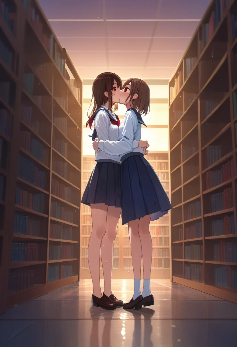 evening,((masterpiece)), ((Highest quality)), (Very detailed), beautiful girl, Kissing Scene, High school students kissing, (beautiful girlが２people), , ((Cute high school student. Brown Hair)), White shirt,(Wet shirt), Slender body, ((Medium chest)),(Red cheeks),Sweat, library, whole body, Shooting from below, obsessed