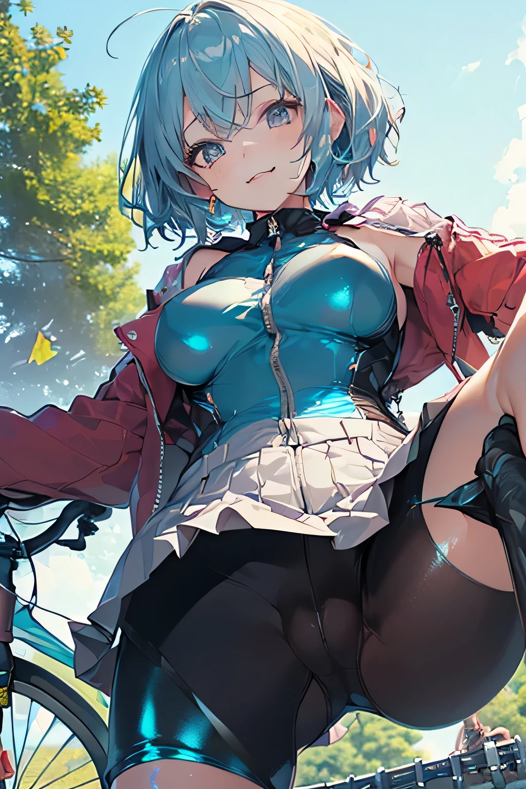 (((Perfect photo))), One Girl, alone, , Azusa Nakano, , Jacket, View your viewers, smile、((濡れたBetween the legs)), SFW with hidden breasts, Big ample breasts!, SFW Big, Beautiful and seductive anime woman, Big ample breasts!!, Bust ratio adopted, Highest quality, Official Art, Best Anatomy, ((Super shiny bike shorts,:1.5))、(((The zipper in the middle of her dress is wide open., reveal her vagina)))、Glowing Skin、Cowboy Shot, (From belowの超クローズアップ)、(((From below、Between the legs,Focus the head, chest and legs in the center of the screen.:1.8)))、Ultra gloss body paint、(((lie face up on the ground)))