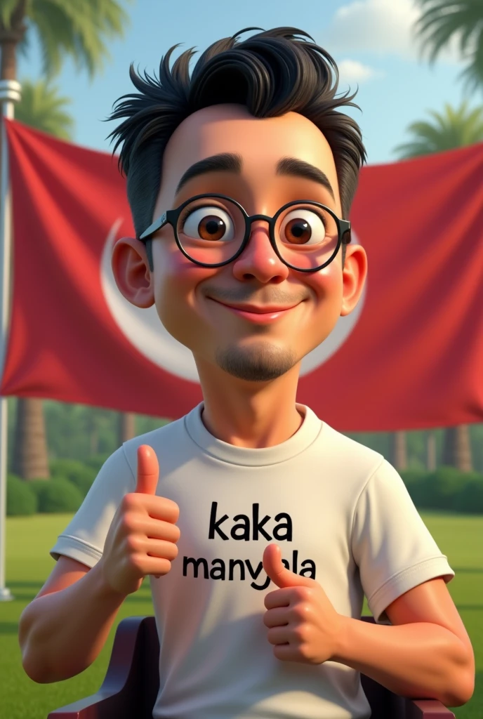 4d caricature.
a 31 year old white man. oval face with short black hair parted on the right side. wear small glasses. sitting on a chair in a large garden with a red and white flag as a background. wearing a t-shirt with the words kaka manyala written on the chest. thumbs up. realistic