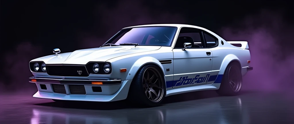 create a high quality and realistic wallpaper of the nissan gtr skylline car in white metallic color with two blue stripes on the front on a black background with dark purple fog 