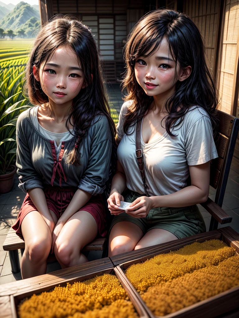 （best quality，8k，high resolution，masterpiece），Super detailed，(1.4x more realism)，buzzer，Sunlight，beautiful children，Money yellow rice fields，Money，hapiness，Children laughing in the rice fields，Cicada chirping，Beautiful scenery，HDR，uhd，studio lighting，Super fine，sharp focus，Physically based rendering，Extremely detailed description，major，Vivid colors，Money Colored Sunrise，peaceful，Serene，Money Light，Money color moment，nature，Nature Beauty，((anatomically correct))