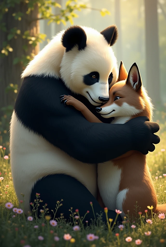 A panda and a little wolf, passionately embraced