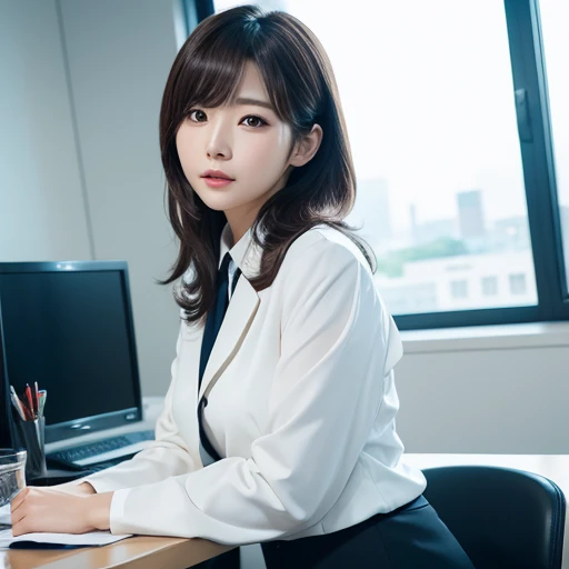 Wearing oversized business suit, korean famous actress, very beautiful,kawaii, Cinematic, 35mm lens, f/ 1. 8, accent lighting, 8k, at office