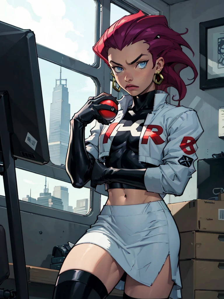 EPpkJessie, long purple hair, hair slicked back,earrings,blue eyes,team rocket uniform, white cropped jacket, black elbow gloves, navel, skirt, black thigh highs, looking at viewer, serious, standing, holding poke ball, inside office, window, cityscape, high quality, masterpiece 