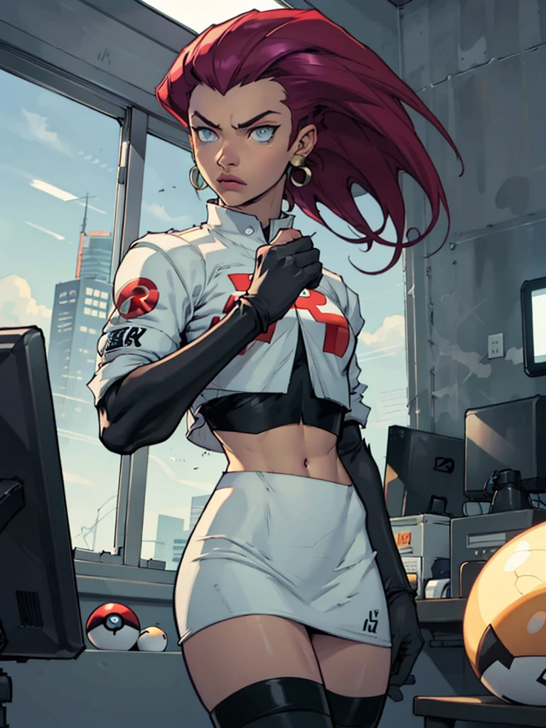 EPpkJessie, long purple hair, hair slicked back,earrings,blue eyes,team rocket uniform, white cropped jacket, black elbow gloves, navel, skirt, black thigh highs, looking at viewer, serious, standing, holding poke ball, inside office, window, cityscape, high quality, masterpiece 