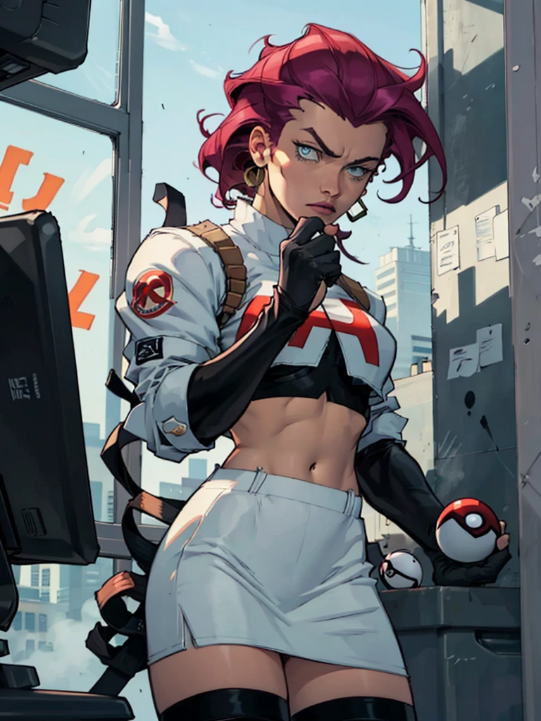 EPpkJessie, long purple hair, hair slicked back,earrings,blue eyes,team rocket uniform, white cropped jacket, black elbow gloves, navel, skirt, black thigh highs, looking at viewer, serious, standing, holding poke ball, inside office, window, cityscape, high quality, masterpiece 