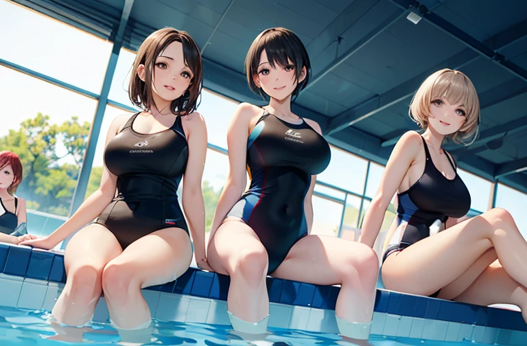 masterpiece, Highest quality、(Three women in their 40s:1.6)、Great smile、Huge breasts、short hair、bangs、 (Competitive swimming suits, white), Pool、Poolサイドに座っている, Dipping legs in water、Leg spread, 3/4. Body View、