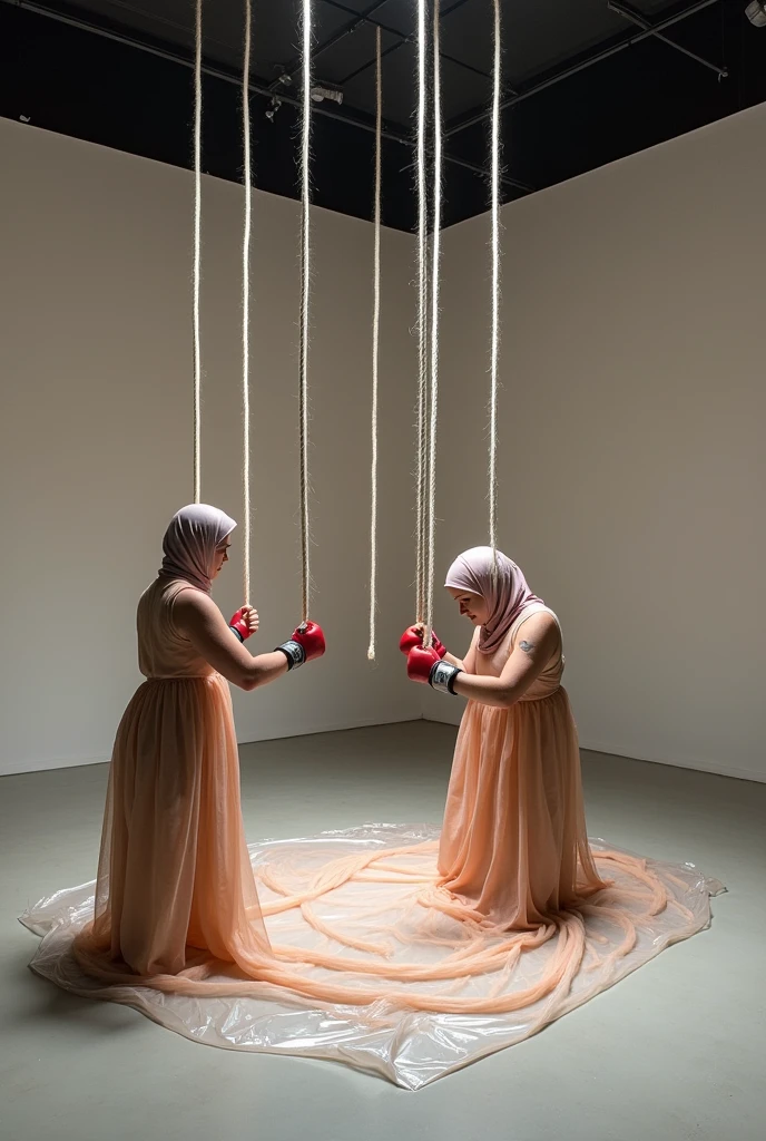 /img An experimental theatre room with a plastic on the floor, there is an actress in the plastic with a skin-coloured garment, and another one is playing with a rope falling from the ceiling, also dressed in a skin-coloured mesh. There are 7 ropes falling from the ceiling. One of them is wearing a hijab and the other is wearing boxing gloves.