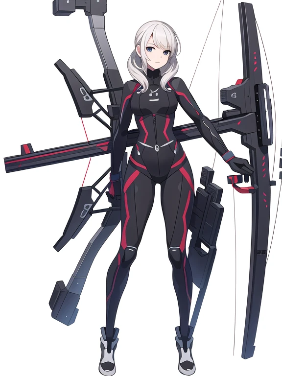 (((Best Quality))) , ((full body)), female, reference sheet, solo, (white background), crossbow,