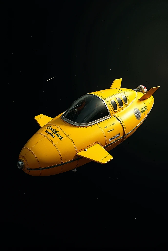 A small yellow capsule-type spaceship,1969s Design,Spaceships don't have wings,Riveted surface,There is writing on it,