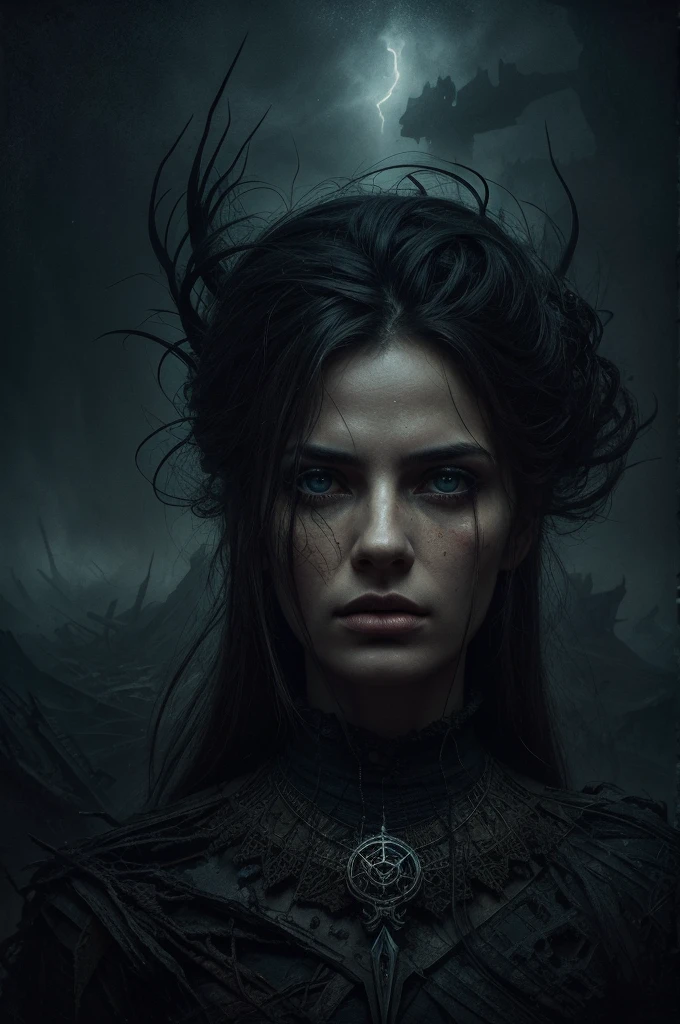 A surreal and captivating portrait of a woman painted in the style of Polish artist Zdzisław Beksiński. The subject features an elongated face with sharp, angular features and a striking, intense gaze. Her hair is styled in a dramatic, almost otherworldly fashion. The background is a chaotic, desolate landscape filled with jagged, geometric shapes and a dark, brooding atmosphere. The overall effect is a haunting and thought-provoking piece that showcases Beksiński's unique artistic vision.