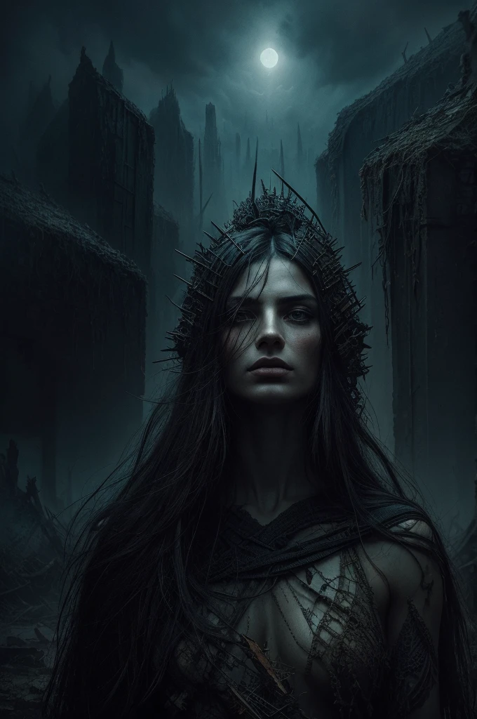A surreal and captivating portrait of a woman painted in the style of Polish artist Zdzisław Beksiński. The subject features an elongated face with sharp, angular features and a striking, intense gaze. Her hair is styled in a dramatic, almost otherworldly fashion. The background is a chaotic, desolate landscape filled with jagged, geometric shapes and a dark, brooding atmosphere. The overall effect is a haunting and thought-provoking piece that showcases Beksiński's unique artistic vision.