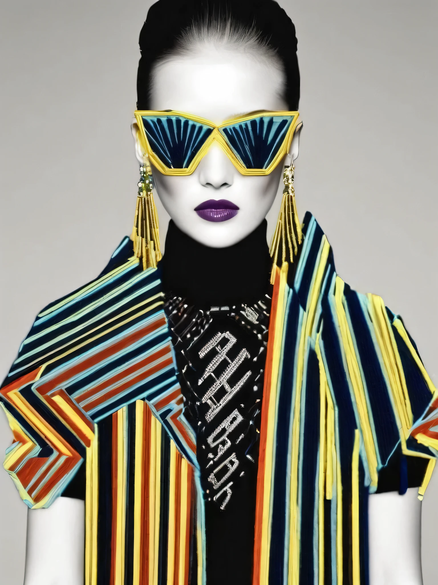 A futuristic fashionista emerges as a cyber matrix muse, her attire a blend of digital decadence and retro-futuristic opulence, pushing the boundaries of fashion., embroidery_on_photo : 1.4 , high fashion, trendy, stylish, editorial, magazine style, professional, highly detailed