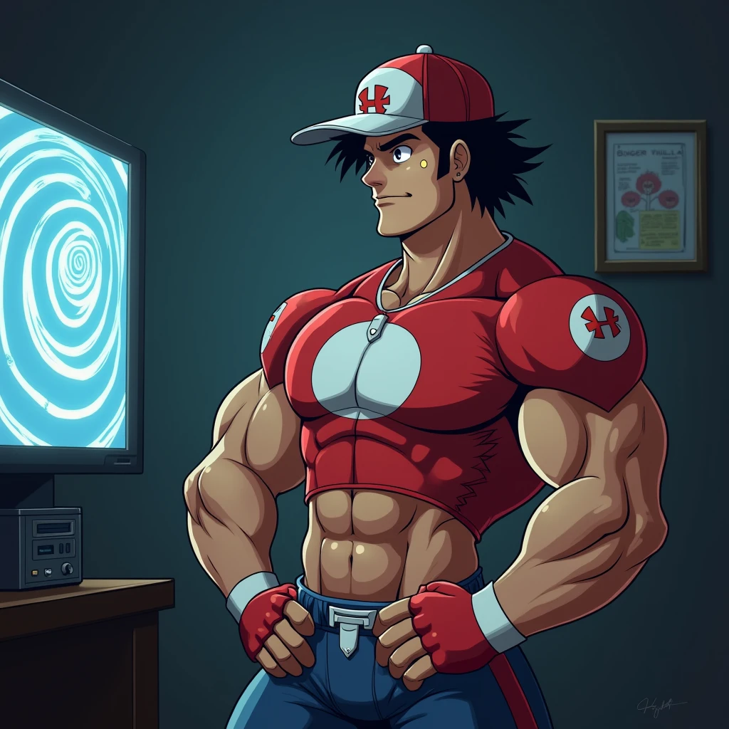 Ash Ketchum as a grown up big dumb muscular bodybuilder football jock flexing and staring blankly into a monitor displaying a hypnotic spiral under hypnosis as he repeats, "Bigger... Dumber.... Just a big ... dumb ... jock. Huhuh.... Wut up , bro?" in a deep voice. Hyper muscles. Big biceps. Big triceps. Broad shoulders. Big traps. Big lats. Big meaty pecs. Brainwashing. Hypnosis. Hypnotized. Bro. IQ drain. Hyper swollen crotch bulge. Sweating. Mouth hanging open.