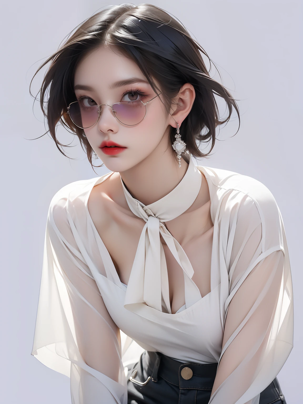 (masterpiece, Highest quality:1.2), Realistic, (Face shape: Surface Length Contours), (eye: Sharp eye, Cold Stare, eye make up), (nose: The nose muscles are thin and small in size.), (mouth: Neutral lips, Bright red lips), (skin: Transparent white skin, cheek), (shape: Small waist, Thigh Gap, Small breasts), (Overall impression: Korean young woman), (hair: Perm, short hair), ((Clothes: See-through blouse, Earrings, sunglasses)), ((Purple Blue Background)), Leaning forward