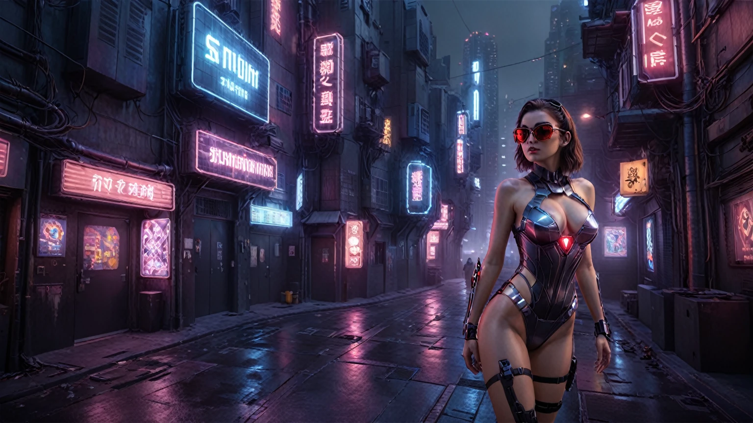 There's a cyborg woman (8k) wearing a futuristic leotard (best quality), aerial view of a cyberpunk city alley at night, (flying cruising robotic owl), darksynth aesthetic, red neons, haze, foggy night, ultra detailed, photorealistic, (1girl, solo, alone), large-breast:1.2 slim body, cleavage:1.1, (black sunglasses), (holding a pistol), dynamic pose, half-body thigh level medium shot, cinematic lighting, ray tracing.