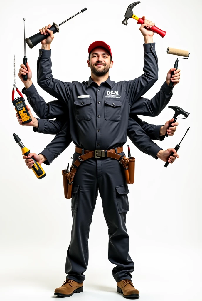 Image of an electrical technician up to the waist, com o fundo branco, six arms coming out from behind and each one with a different small tool, uma chave Philips, a screwdriver, alicate universal, hammer to remove nails, multimeter, Dewalt cordless screwdriver and paint roller, with plenty of white space next to the image, aligned image, wearing uniform with DLM residential maintenance written on it.