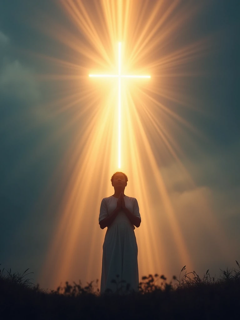 Make a cover for a YouTube video ,No lower song, a silhouette of a person with hands raised or clasped in prayer, looking at the cross. This adds a human and emotional touch to the image..  rays of light descending from the sky, symbolizing the divine protection that Psalm 91 promises.   Soft golden tones, blue and purple, that represent spirituality, tranquility and reverence. The text must have a strong contrast with the background (like white or gold on a dark background), to ensure it is easy to read. The cross and title may have a slight glow or halo effect to attract the eye and convey the idea of holiness.. Channel Logo: Place your channel logo in the bottom right corner, inconspicuous, but visible, to maintain the visual identity. This cover is designed to attract immediate attention and clearly convey the spiritual theme of the video., encouraging clicks and engagement on content.