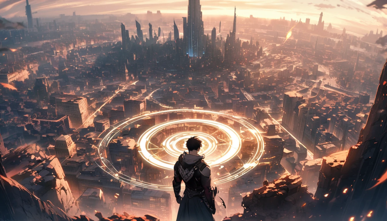 A pale magic circle floating in the air, ,The hero who stopped the world from being destroyed, The back of the character, City as background