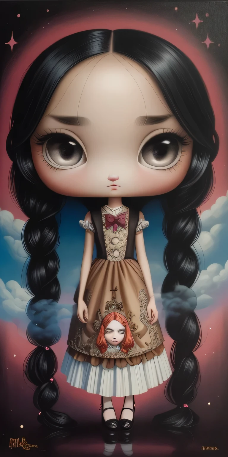 Painting of a girl with long hair and a dress with a big nose, inspired by Mark Ryden, Styled by Mark Ryden, Styled by Mark Ryden, benjamin lacombe, Mark Ryden very detailed, Mark Ryden in the style of, Inspired by Nicoletta Ceccoli, cutting the air. pop surrealism, inspired by Margaret Keane, !!!Esau Andrews!!!